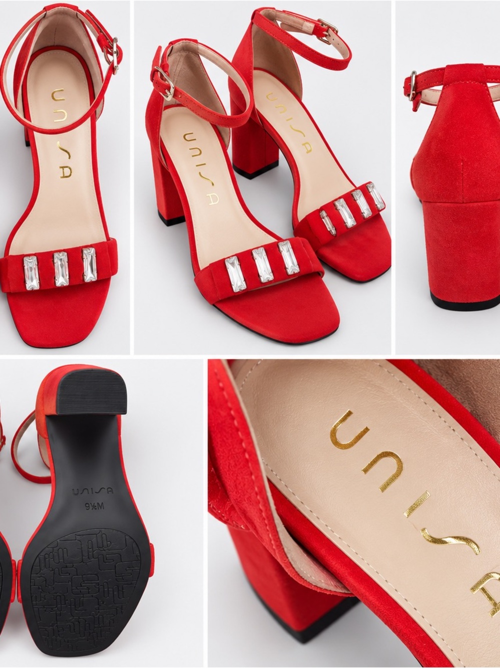 Unisa Red Suede Block Heel Ankle-Strap Sandals with Crystal Accents